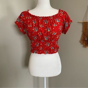 Red Floral Smocked Crop Top Off the Shoulder Size Medium